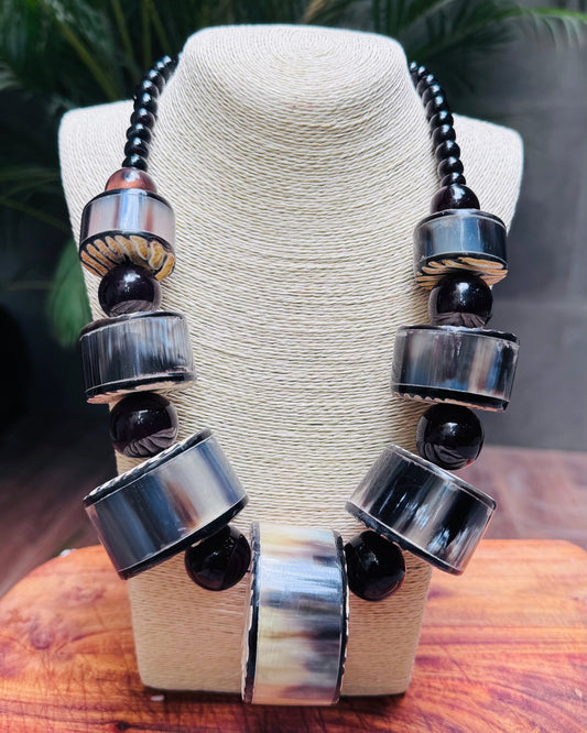 Tribal Statement Necklace with Horn and Wood Beads